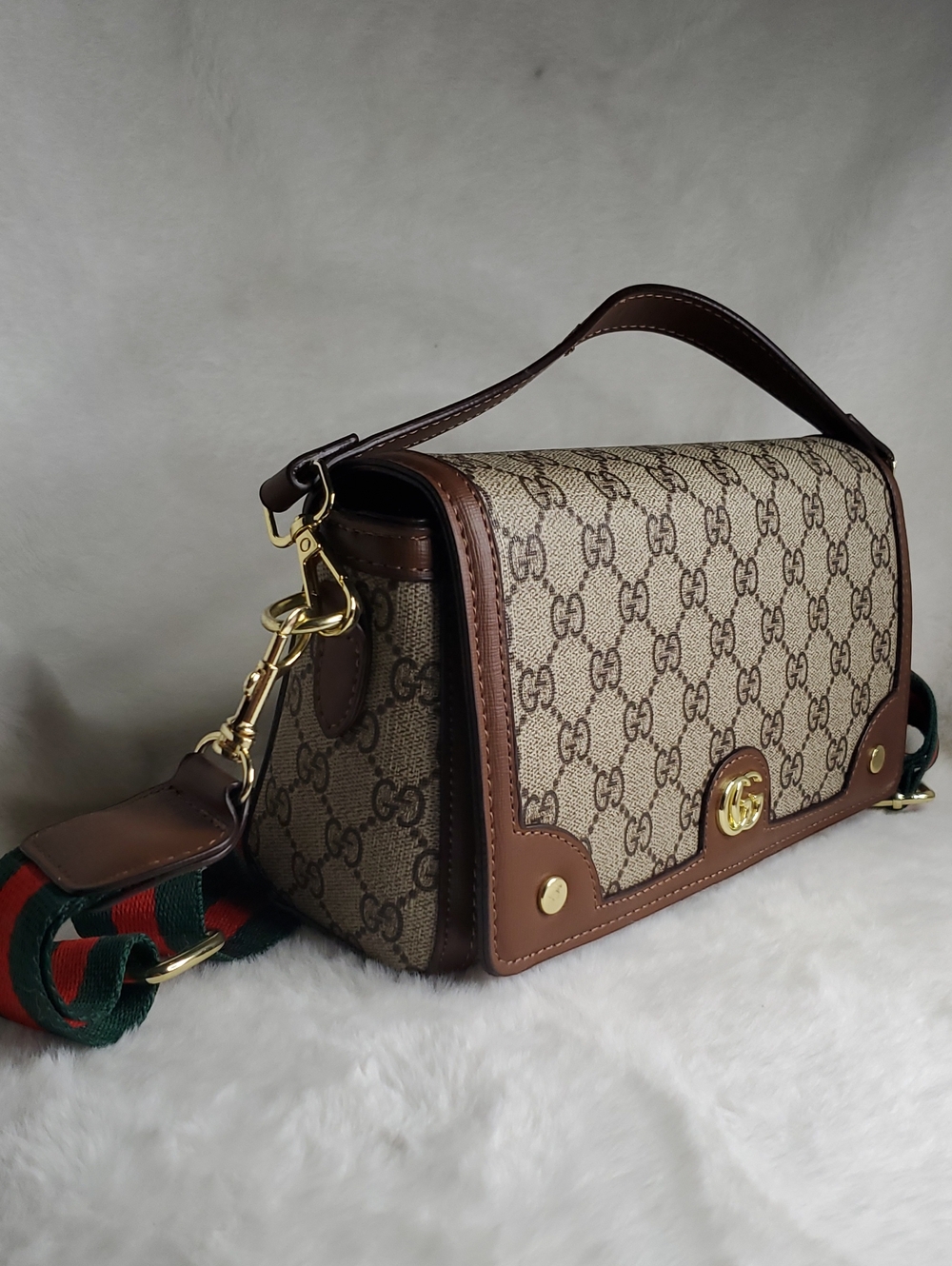 GG Beige GG Canvas Messenger Bag with Brown Trim and Green-Red Strap